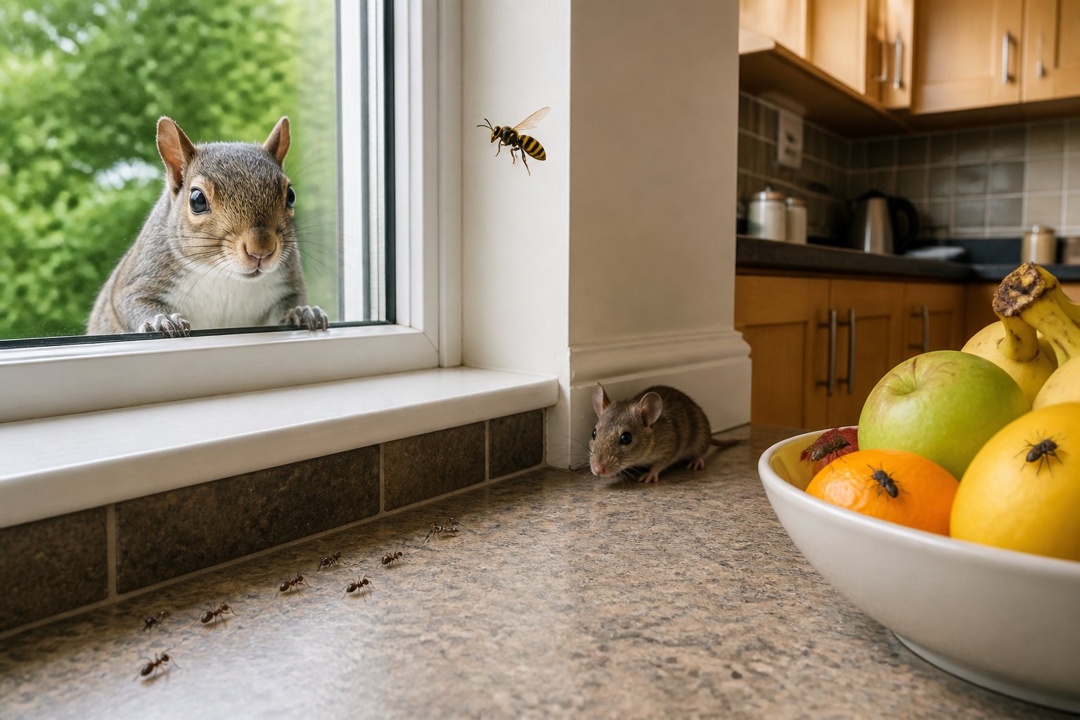 Indoor scene of a British kitchen showing common household pests like a squirrel outside the window, ants on the countertop, a mouse by the baseboard, a wasp near the window, and flies on a fruit bowl.